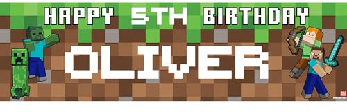 Minecraft-Personalisiertes Geburtstagsbanner für Jungen - Individueller Name und Alter, 4.5ft x 1.3ft (140cm x 40cm), Party-Hintergrund für Kinder