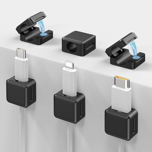 ELUTENG Lot de 6 Clip Câble Organisateur de Câbles Magnétique Auto-adhésif Sans Résidus Support de Câbles pour Bureau, Table de Nuit, Câbles de Chargement, HDMI, USB, Audio (7mm) Noir