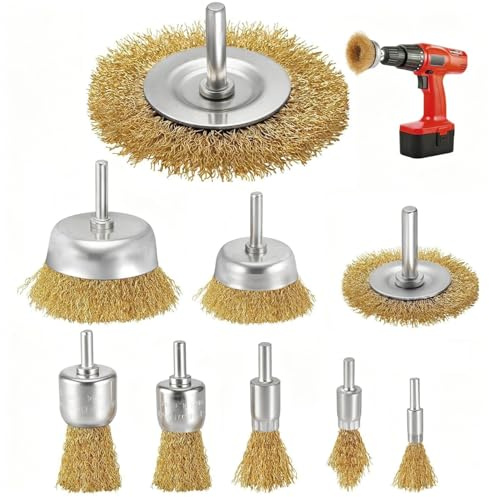 Set de 9 Cepillos de Alambre Metálico para Taladro, Cepillo Alambre, Vástago 6mm, para Limpieza, Eliminación de Óxido, Pulido y Lijado - Compatible con Taladros y Atornilladores