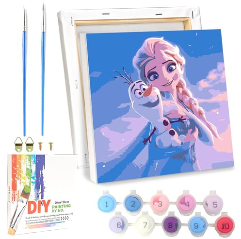 LAISU Eiskönigin Malen Nach Zahlen für Junior, Erwachsene und Kinder Anfänger, 20x20cm Kleine DIY Cartoon Anime Prinzessin Painting Basteln Set mit Rahmen Leinwand Pinseln Acrylfarben für Mädchen
