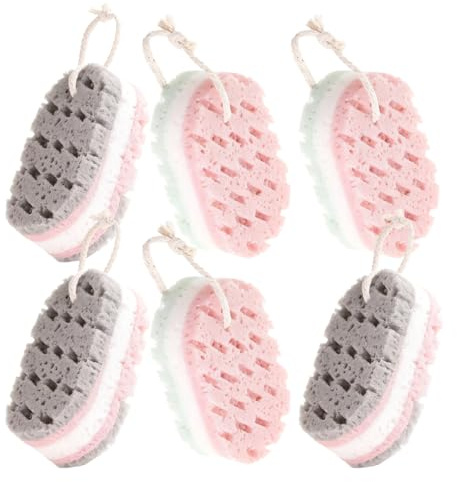 HANABASS Lot de 6 Éponges de Bain Moussantes Corps Visage, Exfoliantes et Douces, en Matière Respirante, Boucle Suspendre Hygiénique, Adaptées à Toute la Famille Nettoyante et Apaisante