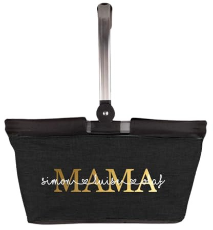 AWASG Einkaufskorb Mama personalisiert, Personalisiertes Geschenk Einkaufstasche mit Name, Tragekorb mit Alurahmen faltbar, 20L Schwarz