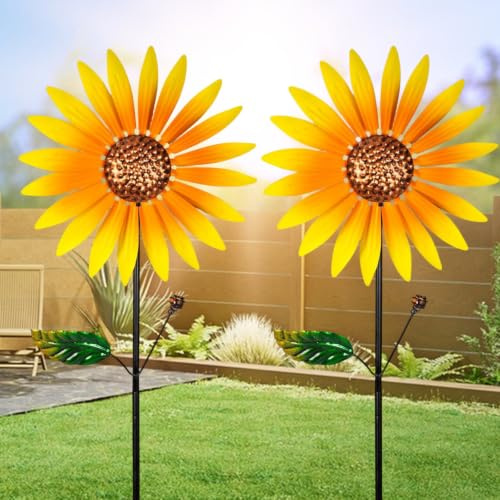 LOMUG Lot de 2 moulins à vent tournesols en métal - 94 x 25 cm - Avec tige en métal - Décoration de jardin résistante aux intempéries pour balcon, terrasse, pelouse et extérieur