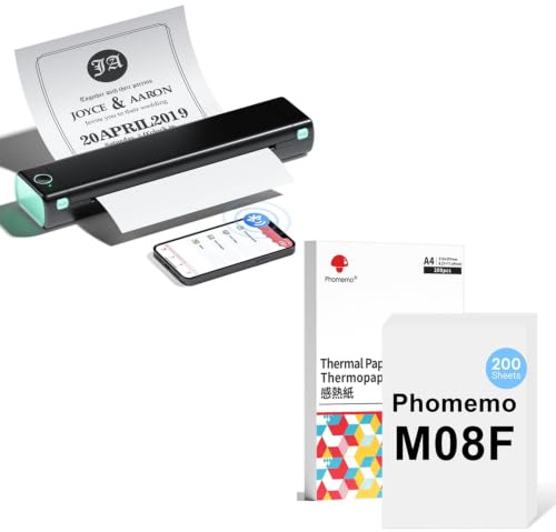 Phomemo M08F A4 Schwarz Grün Tragbarer Drucker mit 210 Blatt A4 Thermopapier, Kabelloser Bluetooth Mobildrucker für Reisen, Auto, Büro & Zuhause