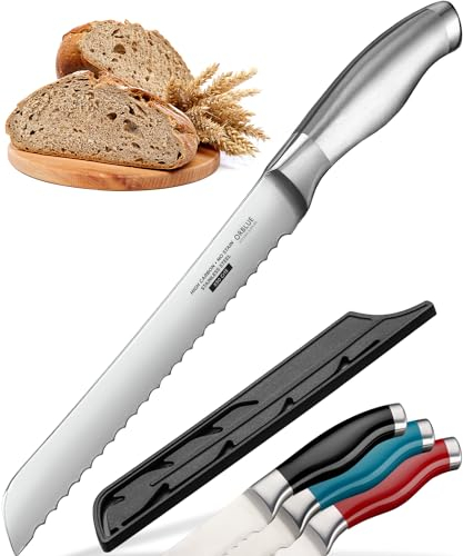 Orblue Stainless Steel Bread Knife with Serrated Edge - Ultra Sharp Professional Kitchen Knife, Ideal for Bread, Bagels & Cakes, Silver