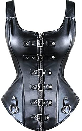 KUOSE Damen Vollbrust Lackleder Korsett Corsagentop Bustier Korsage Shirt, Schwarz, EUR(36-38)L