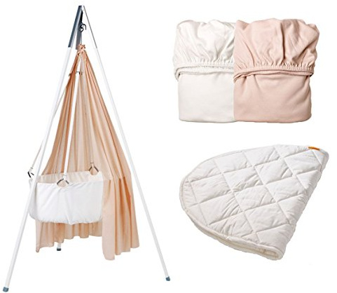Leander Wiegen-SET - ALL INCLUSIVE: Wiege weiß mit Stativ weiß, Schleier soft pink, 2 Spannbetttücher 1x soft pink/ 1x weiß, 1 Matratzenauflage