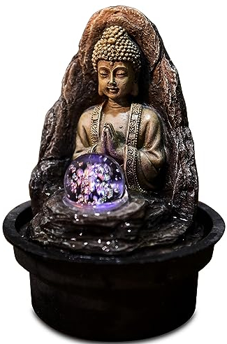 Fontaine Frieden - Entspannender Zen Buddha Innenbrunnen mit LED -Licht - geschlossener und brauner Kreislauf - H 18 cm - Zen'light, Gelb
