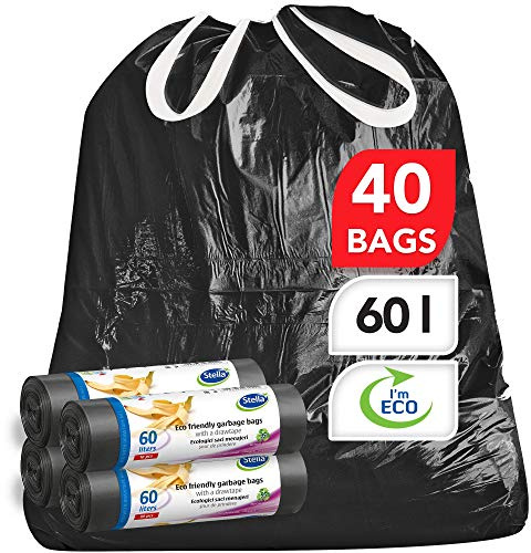 Stella Pack soppåsar 60 l 40 stycken svart tillverkad av 100% återvunnen plast slitstark med dragband hållbar extra stark för hushåll utomhus perforerad lätt att separera