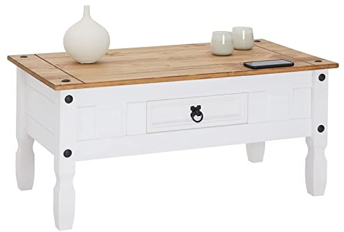 CARO-Möbel Couchtisch Campo im Mexiko-Stil Wohnzimmertisch Beistelltisch Kiefer massiv, braun/weiß lackiert mit 1 Schublade