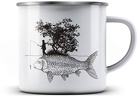 Ma2ca® Carp Fishing Karpfen Angler Angeln Emailletasse Campingbecher Tasse Emaillebecher Kindertasse Becher-Weiss