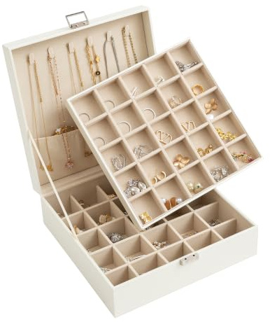 Frebeauty Ohrring-Organizer, klassische Schmuckschatulle, 50 Fächer, doppellagig, Schmuck-Aufbewahrungsbox mit 6 Halskettenhaken und Armbandtasche (Perlweiß)