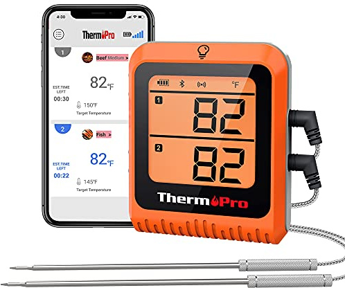 ThermoPro 650 ft Wireless Meat Thermometer Digital for Grilling and Smoking, 2 Probes Bluetooth Meat Thermometer for Cooking Turkey Fish Beef, Rechargeable Smoker Accessories for BBQ Oven