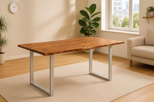 SAM Esstisch Laurina 140x80 cm Akazie Nougat Baumkante U-Gestell Silber | Baumkantentisch massiv, Akazienholz nougatfarben, Metallgestell, Esszimmertisch
