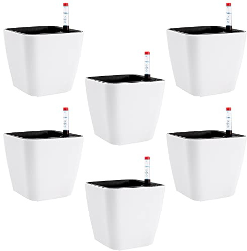 KOHAND 5.5 Inch Self Watering Plastic Planter With Indicator - 6 PCS Square Plant Pots, Decorative Lazy Flower Pot for House Plants, Herbs, Aloe, Succulents
