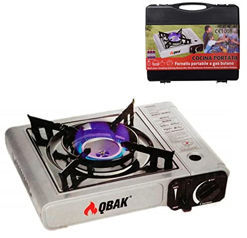Tradineur - Cocina portátil a gas con un hornillo, mini cocina de camping compacta y ligera, 1 fuego, con maletín de transporte, acampada, apagón, viajes, jardín, aire libre (Color aleatorio)