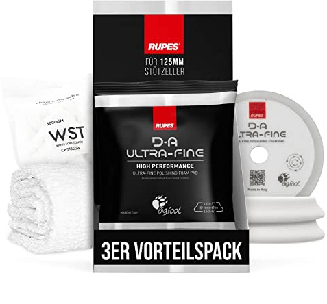 Polierpad Set: Rupes Bigfoot Polierschwamm für 125mm Stützteller - D-A Ultrafine Ø130-150mm weiß (3 STK.) + ChemicalWorkz Premium Poliertuch 500GSM | 4-teilig