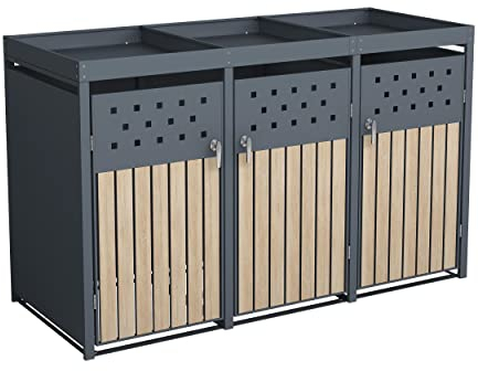 ESTEXO Mülltonnenbox Mülltonnenverkleidung mit Pflanzdach Aufbewahrungsbox Müllbox Anthrazit (3 Türen)