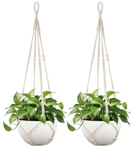 Mkono 43 Zoll Makrame Pflanzenaufhänger groß für bis zu 12 Zoll Topf Extra Lange hängende Pflanzenhalter Keine Quasten Pflanzkorb mit Holzperlen für Indoor Outdoor Boho Dekor, Elfenbein, Satz von 2