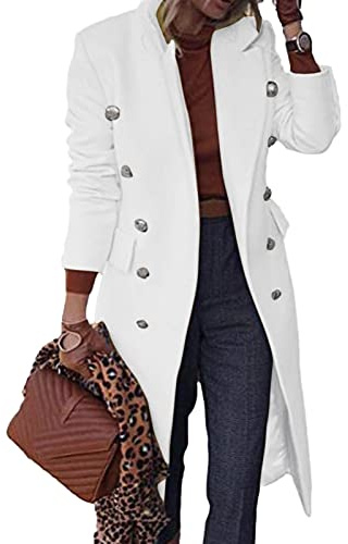 Abrigo largo casual para mujer, elegante, con solapa, resistente al viento, cálido, abrigo de lana, Blanco, XL