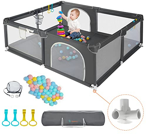 COMOMY Laufstall Baby, 180x200x66cm Laufgitter XXL Große, Grau | Sicherheitsspielplatz Playpen für Kinder mit Weichem Netz, Rutschfestem Oxford Bottom, Bällen, Mini-Körb und 4 Zugringen