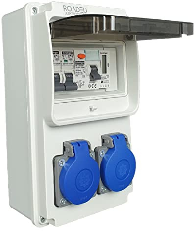 RoadEu Coffret de distribution avec compteur – 230V – Prises extérieures avec disjoncteur différentiel – Étanche IP44 – Tableau électrique mural