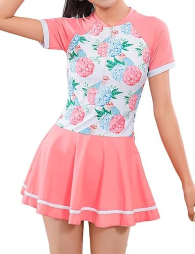 JadeRich Einteiler, kurzärmeliges Badekleid für Teenager, Mädchen, Rashguard, Badeanzug, mit Röcken, Reißverschluss vorne, Pink/Floral, 12-14 Jahre