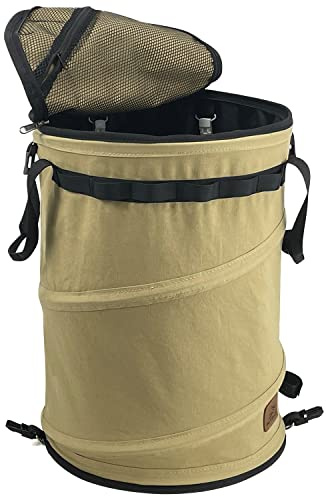Sutekus Pop Up Storage Bin Collapsible Trash Can Recycle Container Reusable Utility Bag with Zippered Lid for Camping, Laundry, Garden (Khaki Color)