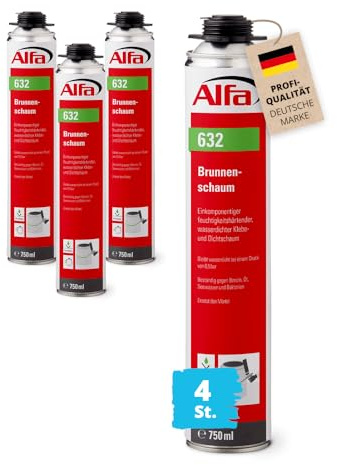 4x Alfa 750 ml Brunnenschaum – Wasserdichter Bau- & Montageschaum (3 l) | Profi-Qualität – Pistolenschaum zur Abdichtung von Schachtringen und Beton – PU-Schaum beständig gegen Abwasser, Öl, Säuren