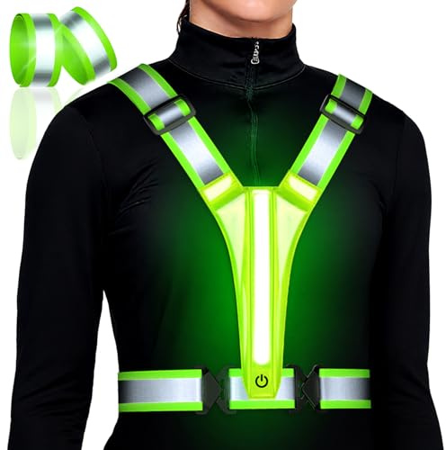 Ylzzrs Led Light Up Running Vest Reflective Vest for runners night walking, Rechargeable LED Reflective Running Vest High Visibility with Adjustable Waist/Shoulde, Reflective Armband for Women Men
