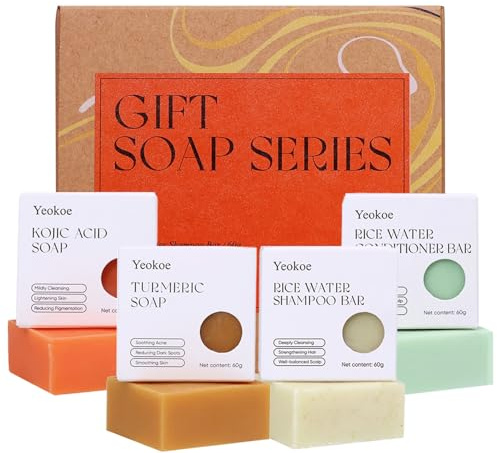 Yeokoe Turmeric Soap Bar and Rice Water Shampoo Conditioner Bar Set,Kojic acid for Body,Face and Hair,Deep Cleansing,Travel Toiletries,Spa Gifts For Women