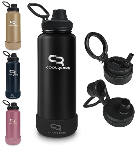 COOLREADY 40 oz Black Stainless Steel Water Bottle – Wide Mouth Insulated Bottle with Straw & Spout Lid, Silicone Boot, Large Leak-Proof Gym Bottle for Men Workout Use