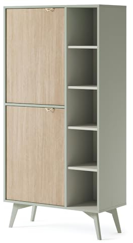 Regal Highboard Vitrinenschrank in grün, Front mit Fischgrätenmuster
