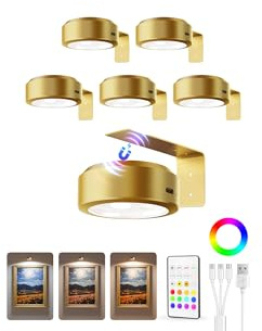 EZVALO Picture Lights for Wall, 2000mAh Rechargeable Battery Magnetic Poster Lights with 3 Color Temps & 12 RGB, Remote Dimmable Timer Painting Light, Wall Decor Light for Art Display, Frame (6 Pack)
