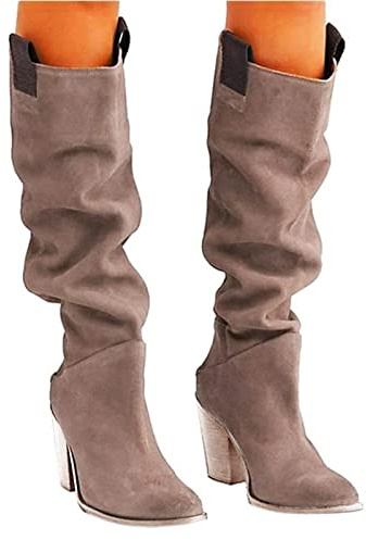 Botas sin cordones para mujer con tacón: botas de ante con tacón en bloque hasta la rodilla botas altas con punta larga botas occidentales casuales por encima de la rodilla botas de motorista botas de