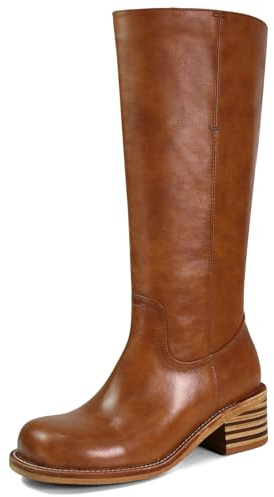 VBDB Saddle Platform Knee High Boots for Women Square Toe Chunky Block Heel Long Boots Wide Calf Campus Boots Pull on Riding Shoes for Women Size 7.5