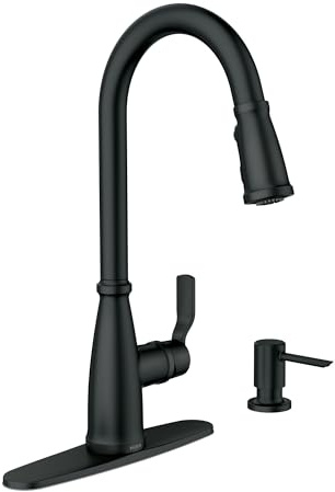 Moen Nolia Matte Black Kitchen Faucet with Soap Dispenser, Pull Down Sprayer with Power Boost, Transitional High Arc Kitchen Faucet, One-Handle Easy Installation, 87071BL