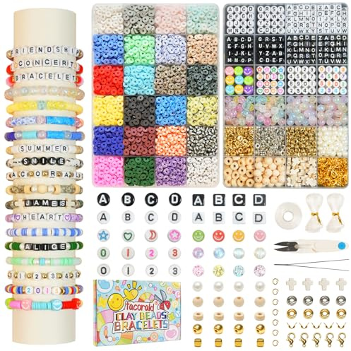 tacorald 8600 Stück 6mm Clay Perlen – Armband bastelset zum Armbänder selber machen, 24 Farben, 959 Charms, davon 364 Buchstabenperlen, DIY Bastelgeschenk für Teenager Jungen und Mädchen