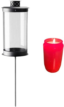 Mariles Laterne auf Stab Erdspieß wetterfest Stablaterne Grablaterne Grablicht Grableuchte Friedhofslaterne Windlicht Gartenlaterne Gartenlicht Garten Grab - Silber/Rote Kerze - 50 cm