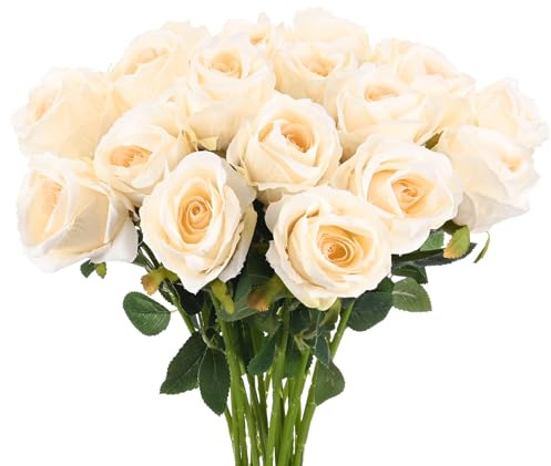 M METERXITY 20-Pack Rose Artificial Flowers with Long Stem, Silk Faux Roses Plastic Bouquets Real Touch Faux Flowers for Home Decor/Wedding/Christmas/DIY/Party/Garden Office [Champagne]