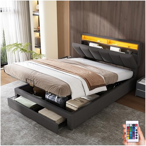 Lubvtti Letto imbottito 140x190cm con illuminazione a LED e testiera contenitore,letto contenitore matrimoniale con cassetti,letto matrimoniale con rete a doghe,Lino,grigio
