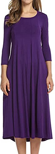 Décontractée - Couleur unie - Col rond - Manches longues - Robe swing au mollet pour femme, lilas, XL