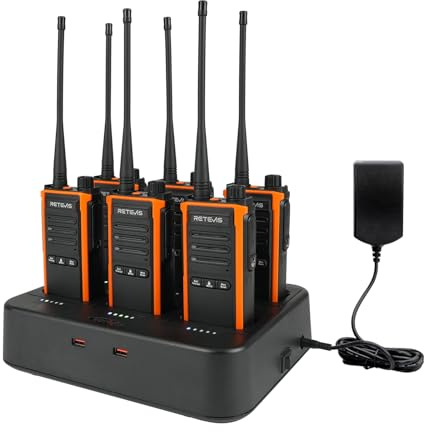 Retevis C65B Long Range Heavy Duty Walkie Talkies for Adults (6 Pack) | for Construction Teams, Six-Way Charging, IP67 Waterproof, Type-C Fast Charging, Long Range, VOX, with 1800mAh Battery