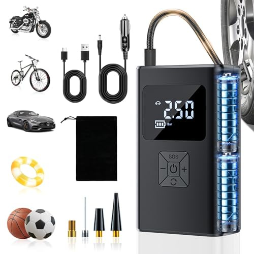 Compresor Aire Portatil, 150PSI Mini Bomba de Aire Bicicleta Electrica con Pantalla LCD Digital y Linterna LED, 4 Boquillas, Hinchador Ruedas Bomba para Motos, Bicicleta, Pelotas,Colchon Hinchable