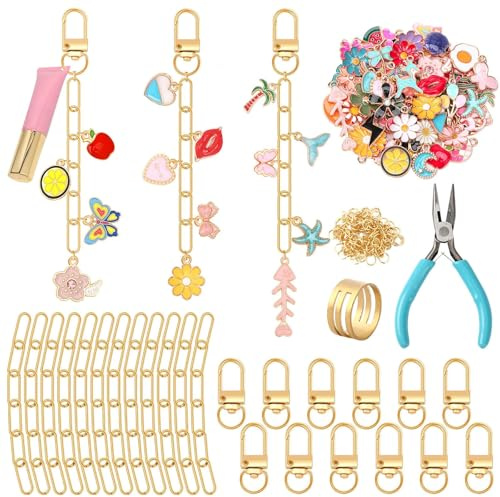 AUGSUN 189 Stück Schlüsselanhänger Basteln Einschließlich 60 Charms 12 Schlüsselanhänger Karabiner 15 Verlängerungsketten 100 Biegeringe und Schmuckzange für DIY Bastelset