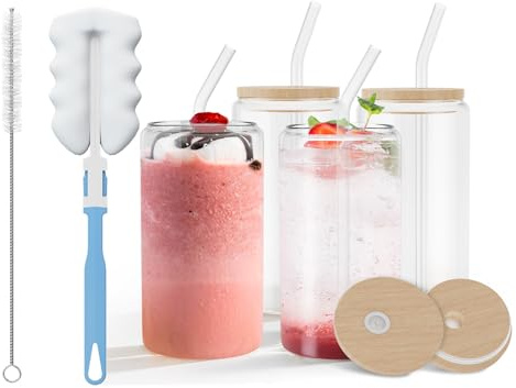 UISEBRT Bubble Tea Becher mit Deckel und Strohhalm, 4er Set 550ml Borosilikatglas, Trinkgläser mit Bambusdeckel, Glasstrohhalm, Eiskaffee, Smoothie, Cocktail, Nachhaltig
