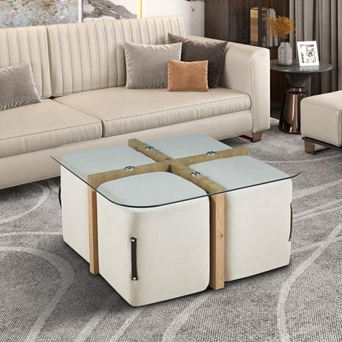 Mobilier-Deco Shana - Table Basse en Verre Socle Couleur Bois avec 4 poufs en Tissu Blanc écru