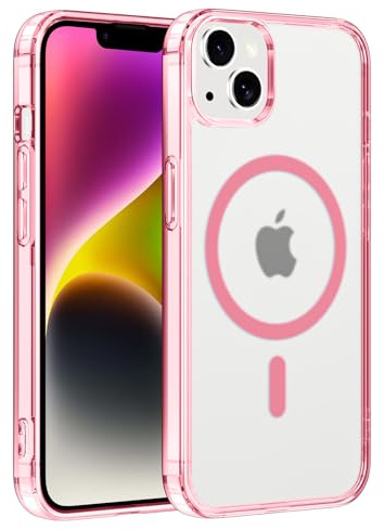 Coiwxmoi Custodia per iPhone 14 Plus Cover Compatibile con MagSafe, Custodia TPU Morbida Trasparente con Anello Magnetico, Anti-Impressioni Digitali Backcover, Anti-Scivolo Anti-Urto Case, Rosa