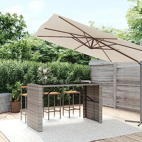 Qnhdfrt Grauer Bartisch mit Schwarzer Glasplatte Outdoor Garten Terrasse Balkon 185x80x110 cm Wetterfester Poly Rattan Stehtisch Robust Pflegeleicht für Freizeitbereiche