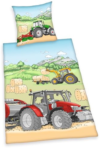 Herding Young Collection Flanell-Bettwäsche-Set, Traktor, Kopfkissenbezug 70 x 90 cm, Bettbezug 140 x 200 cm, Mit Knopfleiste, 100% Baumwolle/Flanell